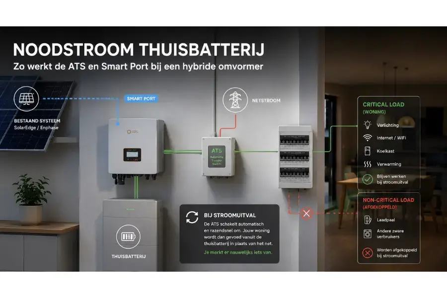Noodstroom thuisbatterij: ATS en Smart Port schema bij stroomuitval